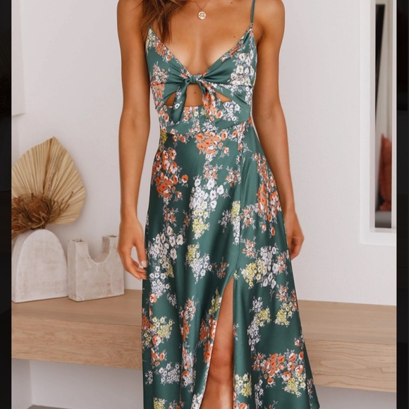 Green Satin Floral Dress - Picture 1 of 5
